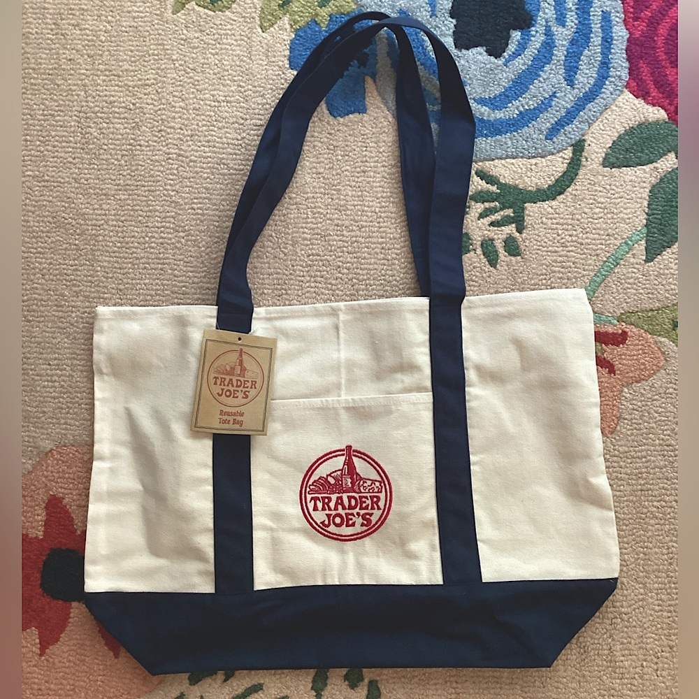 NWT Trader Joe’s Cream and Navy Canvas Tote Bag